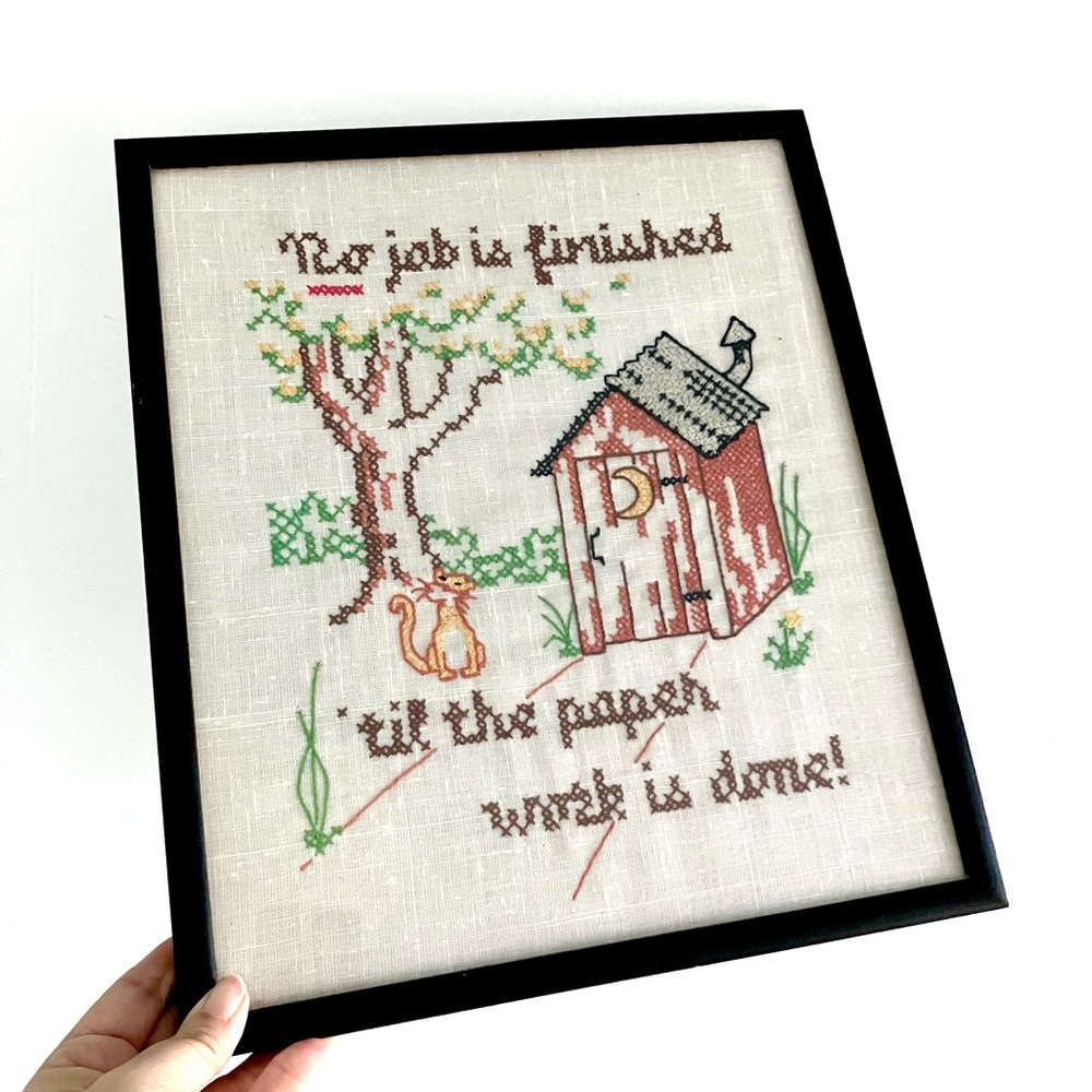 Vintage 40’s embroidered cross stitch outhouse bathroom & cat framed fiber art